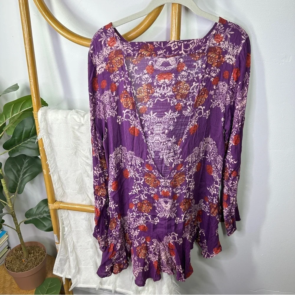 Free People Purple Floral Tunic Top sz L